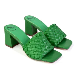Aries Slip On Low Block Heel Sandals Square Toe Woven Mules In Green