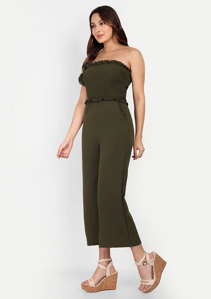 Army Green Off-Shoulder Wide Leg Jumpsuit