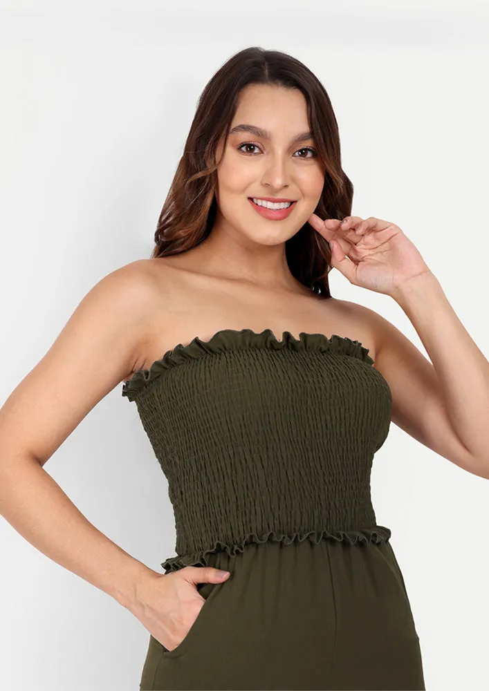 Army Green Off-Shoulder Wide Leg Jumpsuit