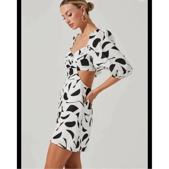 Astr The Label Heather Cutout Bubble Sleeve Abstract Dress Cream Black Sz L New