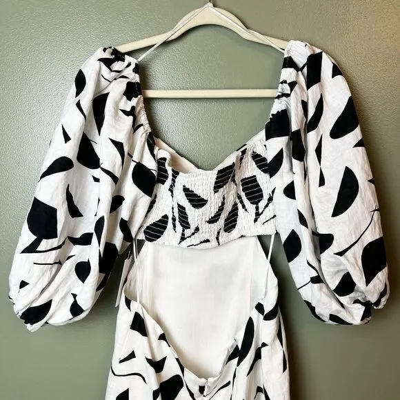 Astr The Label Heather Cutout Bubble Sleeve Abstract Dress Cream Black Sz L New