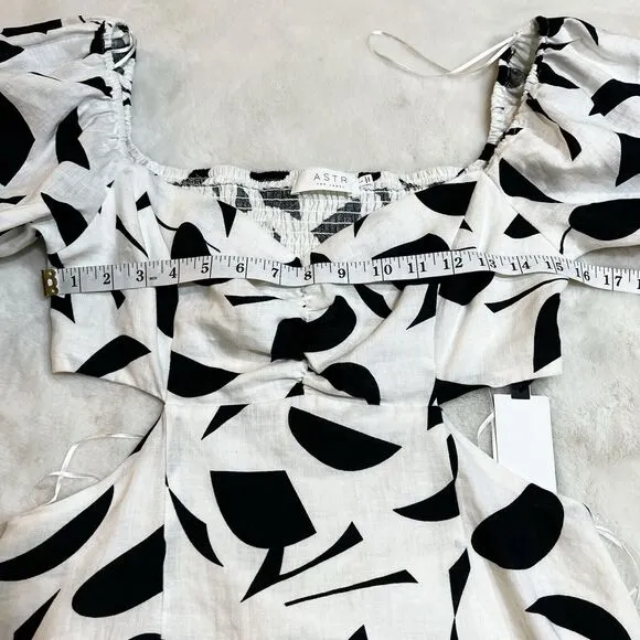 Astr The Label Heather Cutout Bubble Sleeve Abstract Dress Cream Black Sz L New