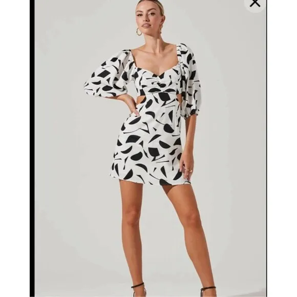 Astr The Label Heather Cutout Bubble Sleeve Abstract Dress Cream Black Sz L New