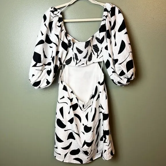 Astr The Label Heather Cutout Bubble Sleeve Abstract Dress Cream Black Sz L New