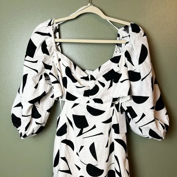 Astr The Label Heather Cutout Bubble Sleeve Abstract Dress Cream Black Sz L New