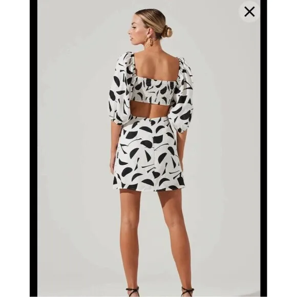 Astr The Label Heather Cutout Bubble Sleeve Abstract Dress Cream Black Sz L New