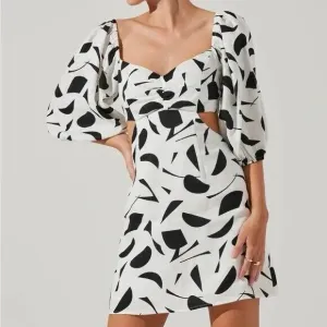 Astr The Label Heather Cutout Bubble Sleeve Abstract Dress Cream Black Sz L New