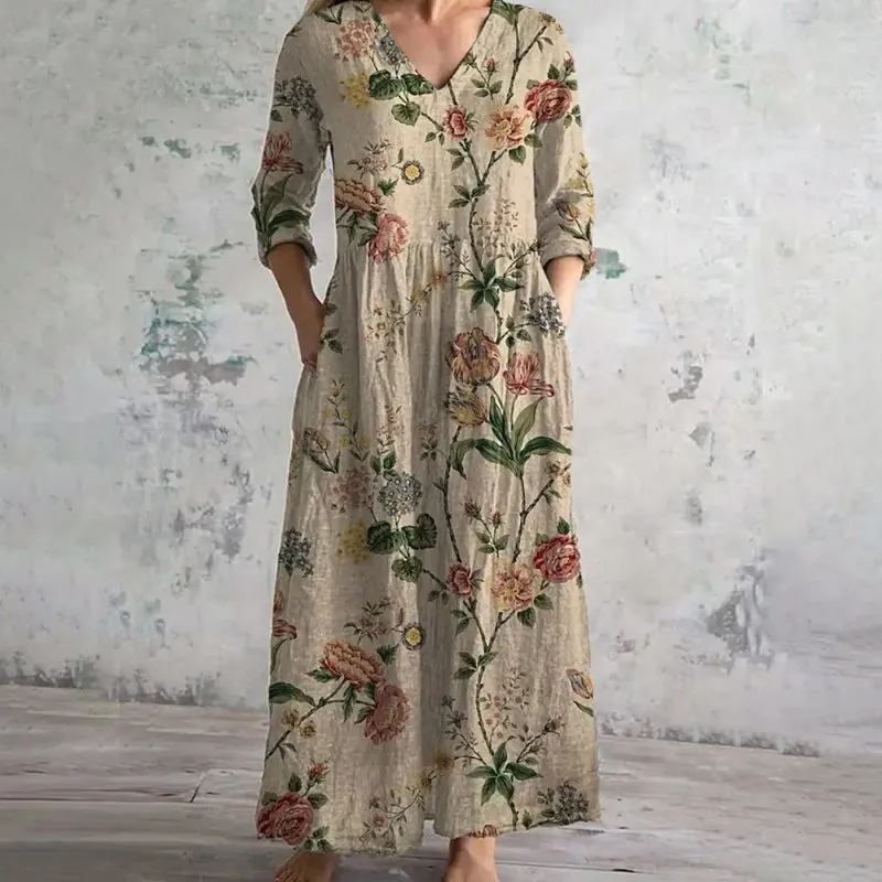 Berna - Long Sleeve Vintage Dress with Floral Pattern