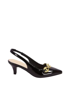 Black high heel sandals with gold chain detail