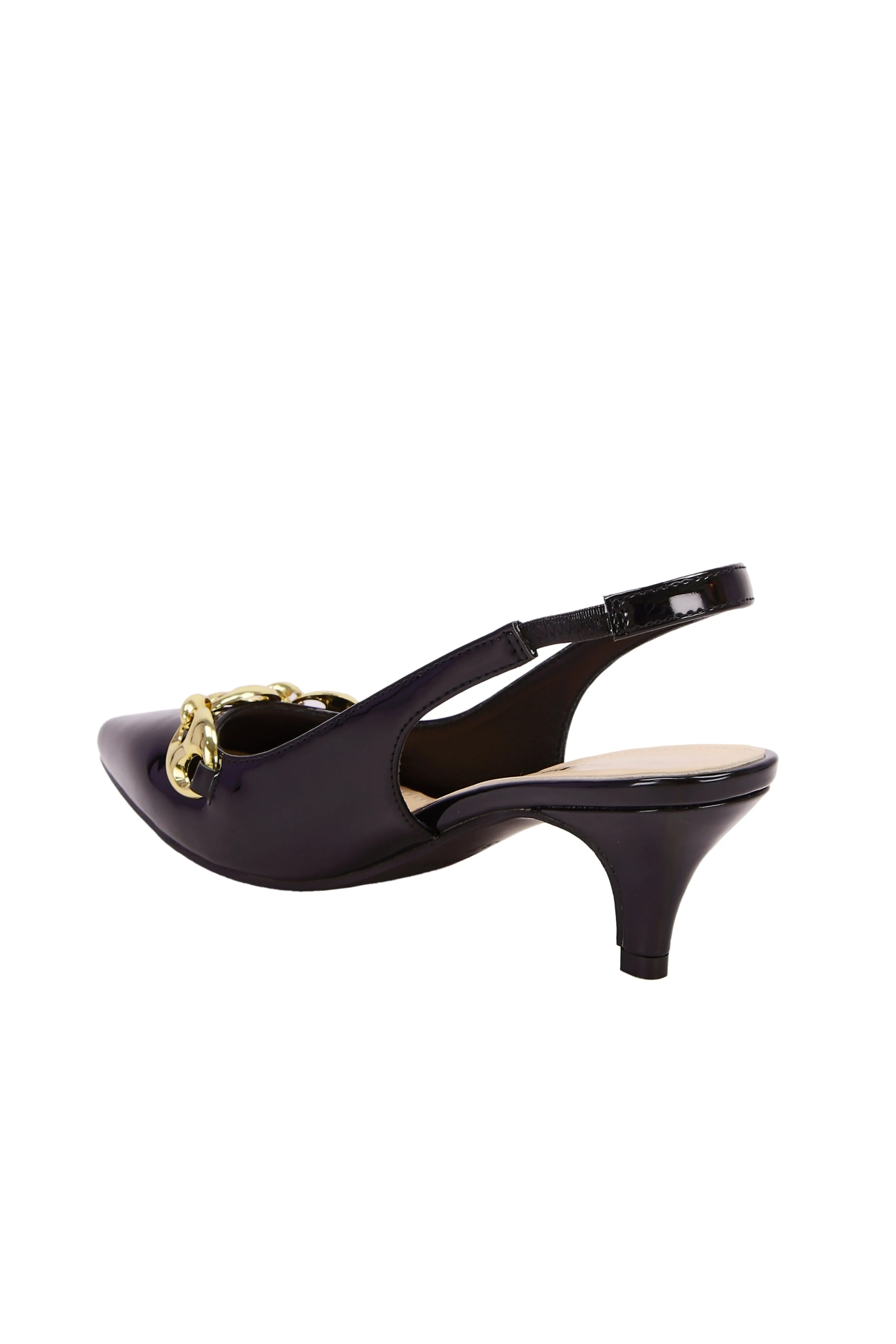 Black high heel sandals with gold chain detail