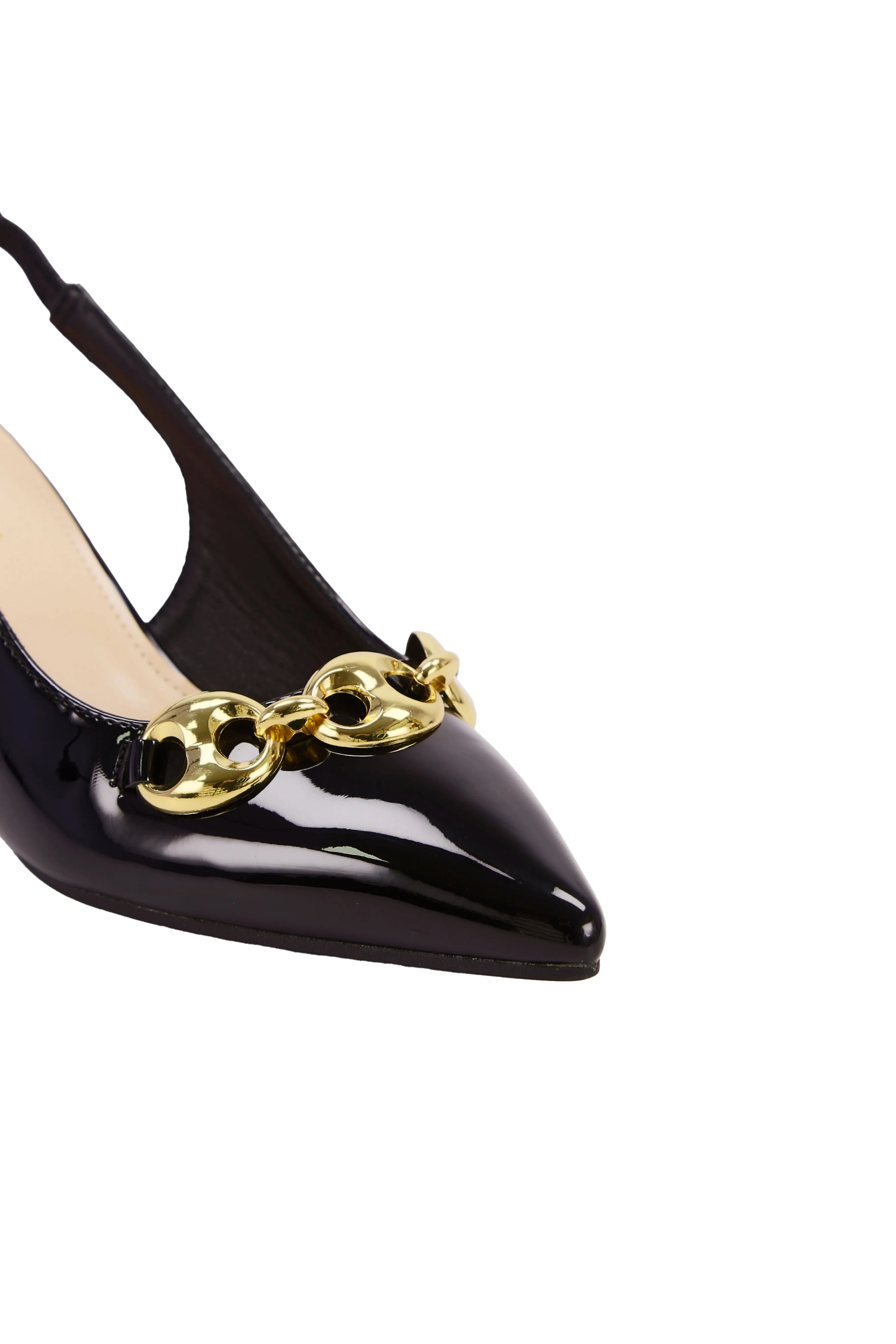 Black high heel sandals with gold chain detail