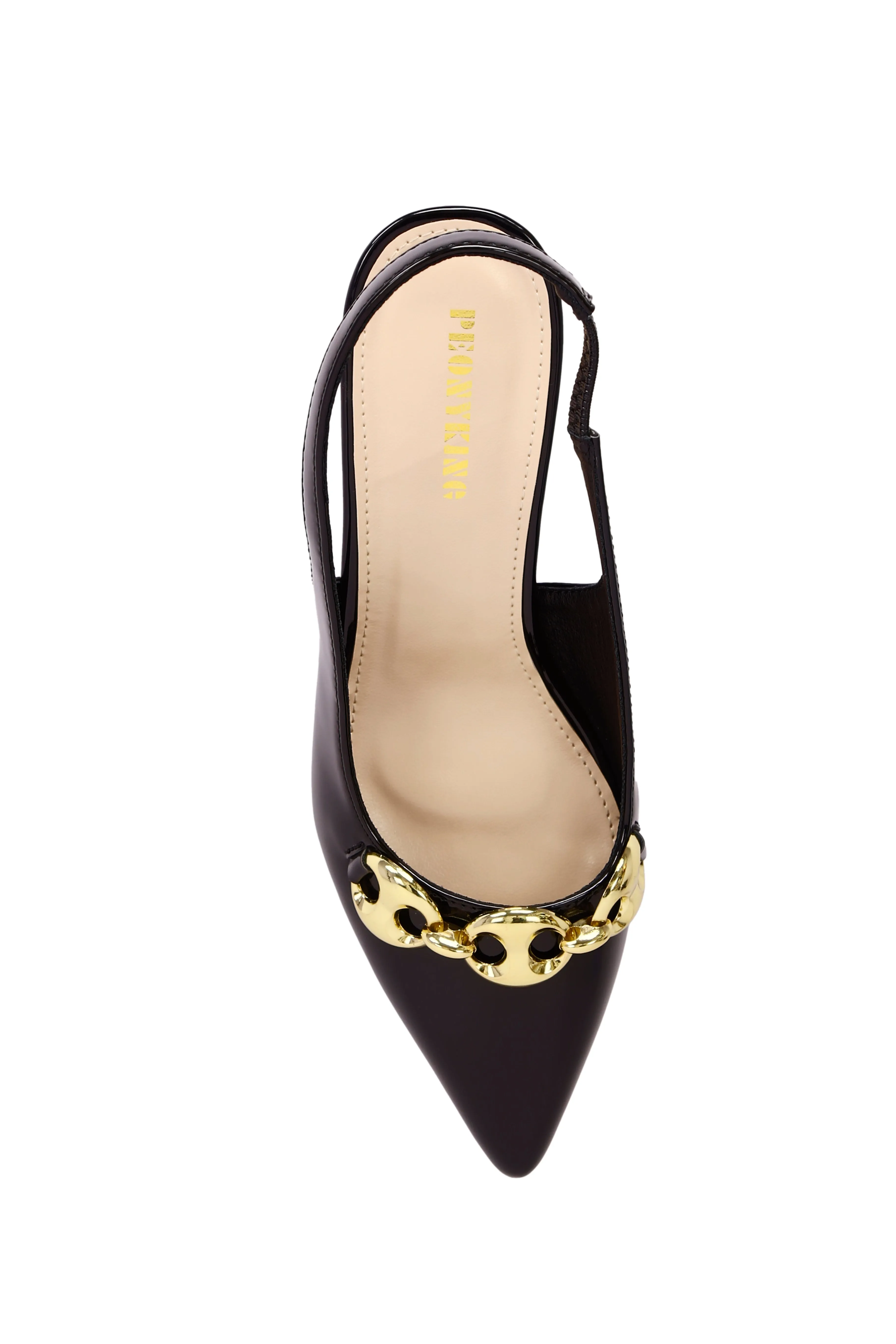 Black high heel sandals with gold chain detail