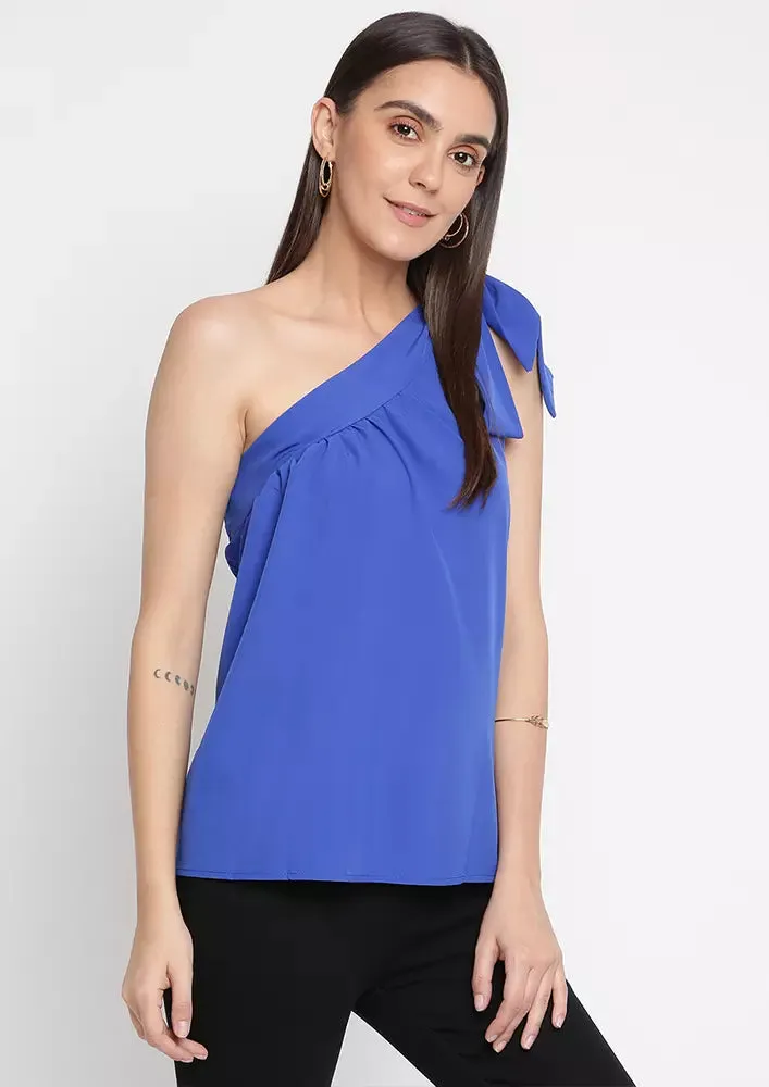 Blue One Shoulder Gathered Top