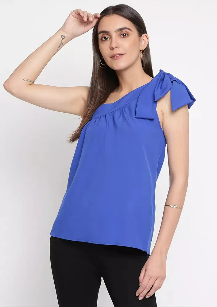 Blue One Shoulder Gathered Top