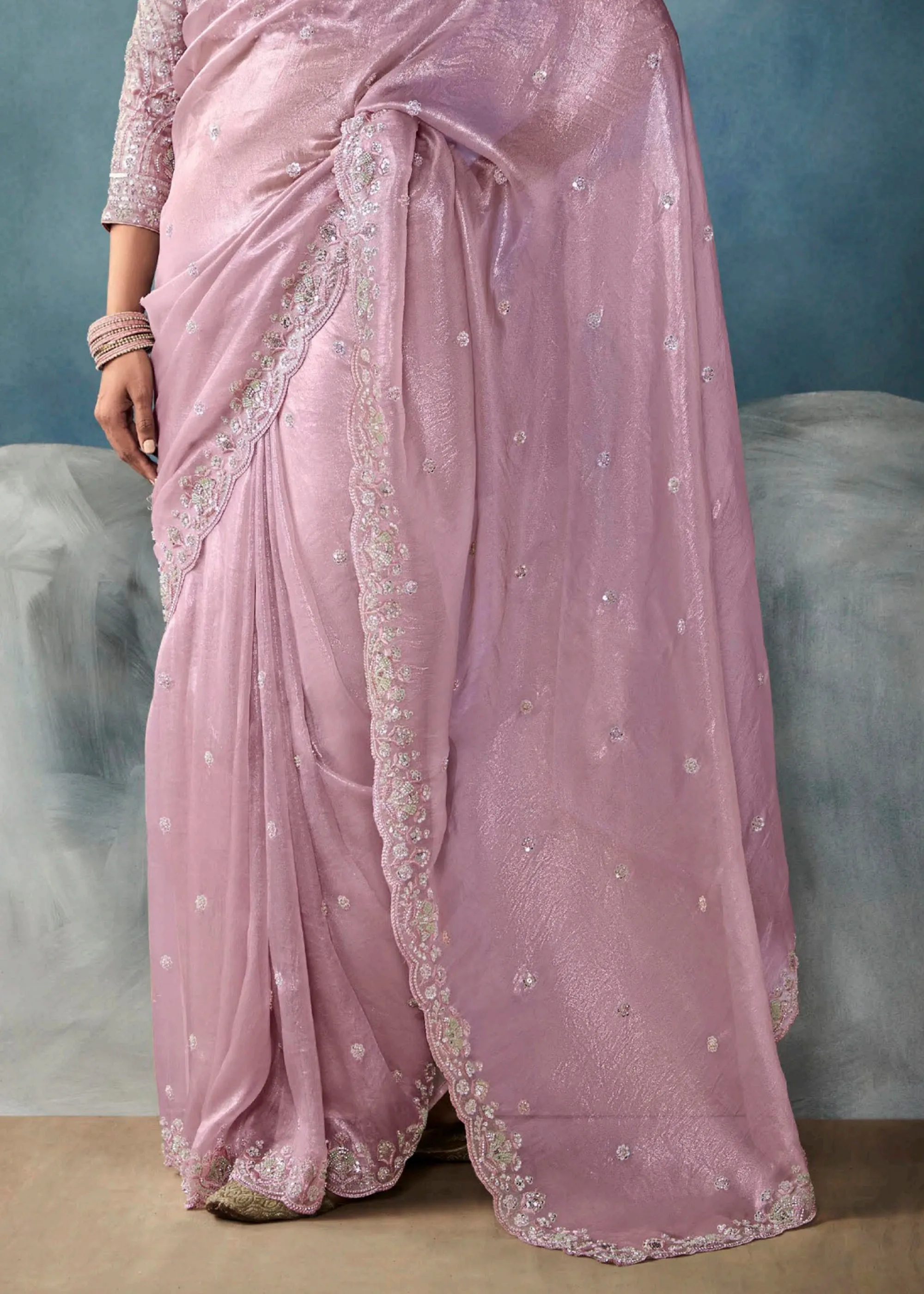 Blush Pink Embroidered Designer Tissue Silk Saree