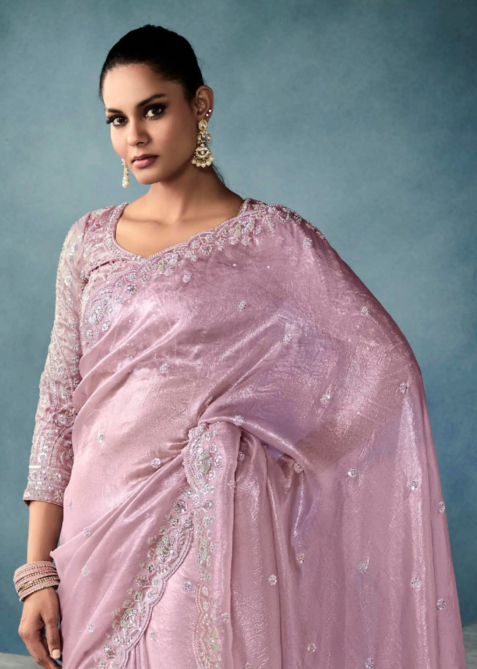 Blush Pink Embroidered Designer Tissue Silk Saree