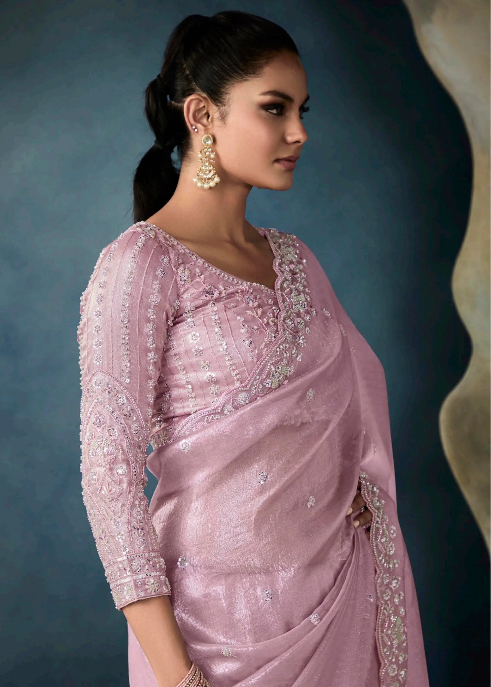 Blush Pink Embroidered Designer Tissue Silk Saree