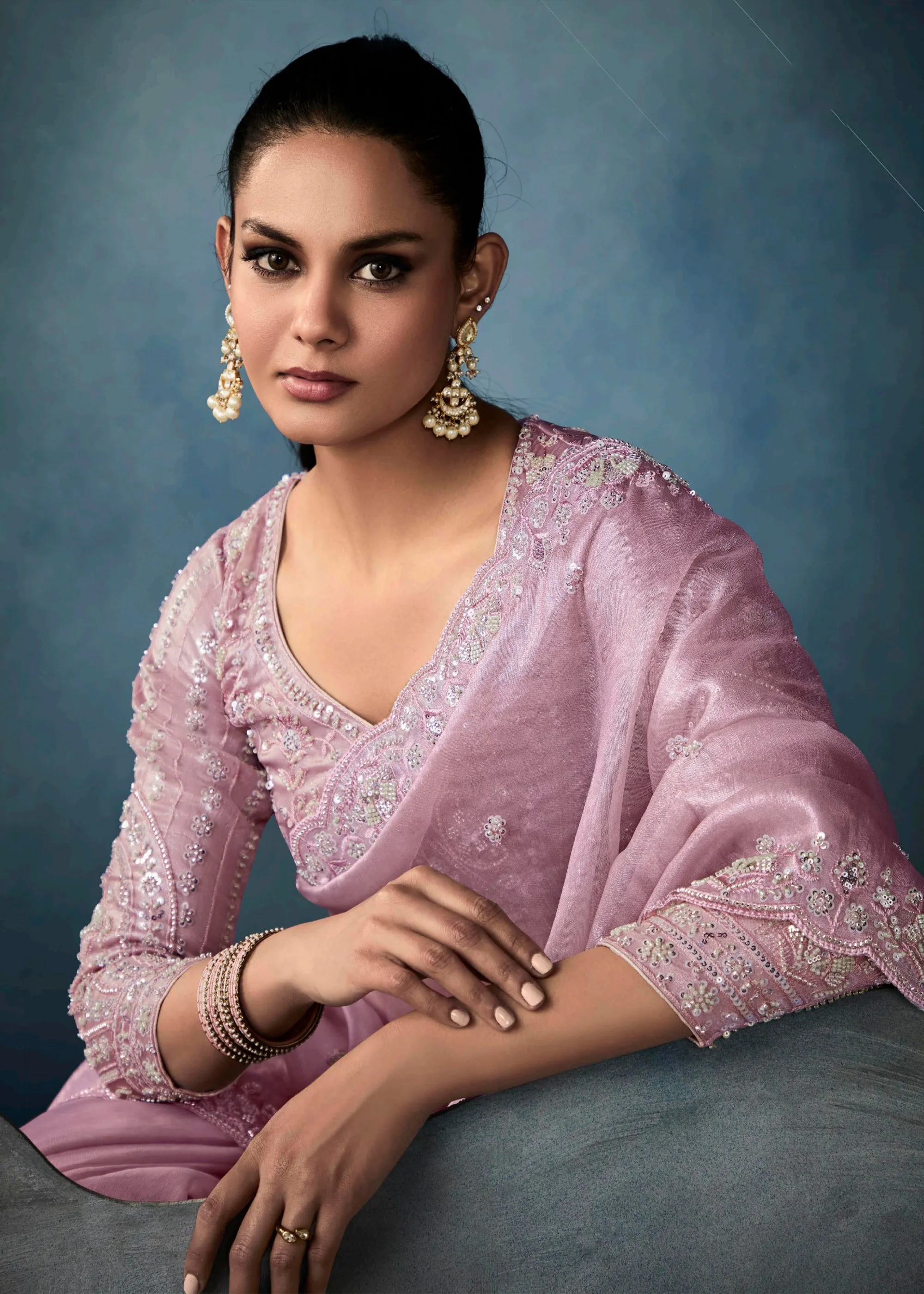 Blush Pink Embroidered Designer Tissue Silk Saree