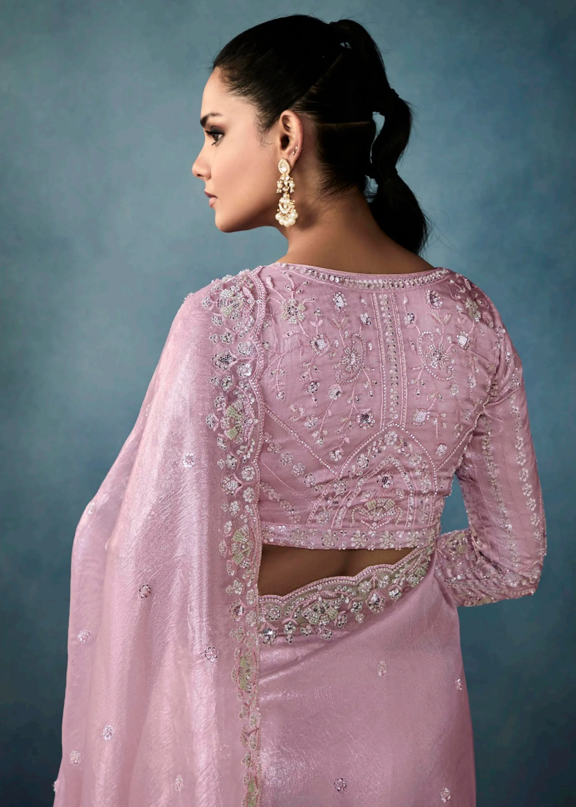 Blush Pink Embroidered Designer Tissue Silk Saree