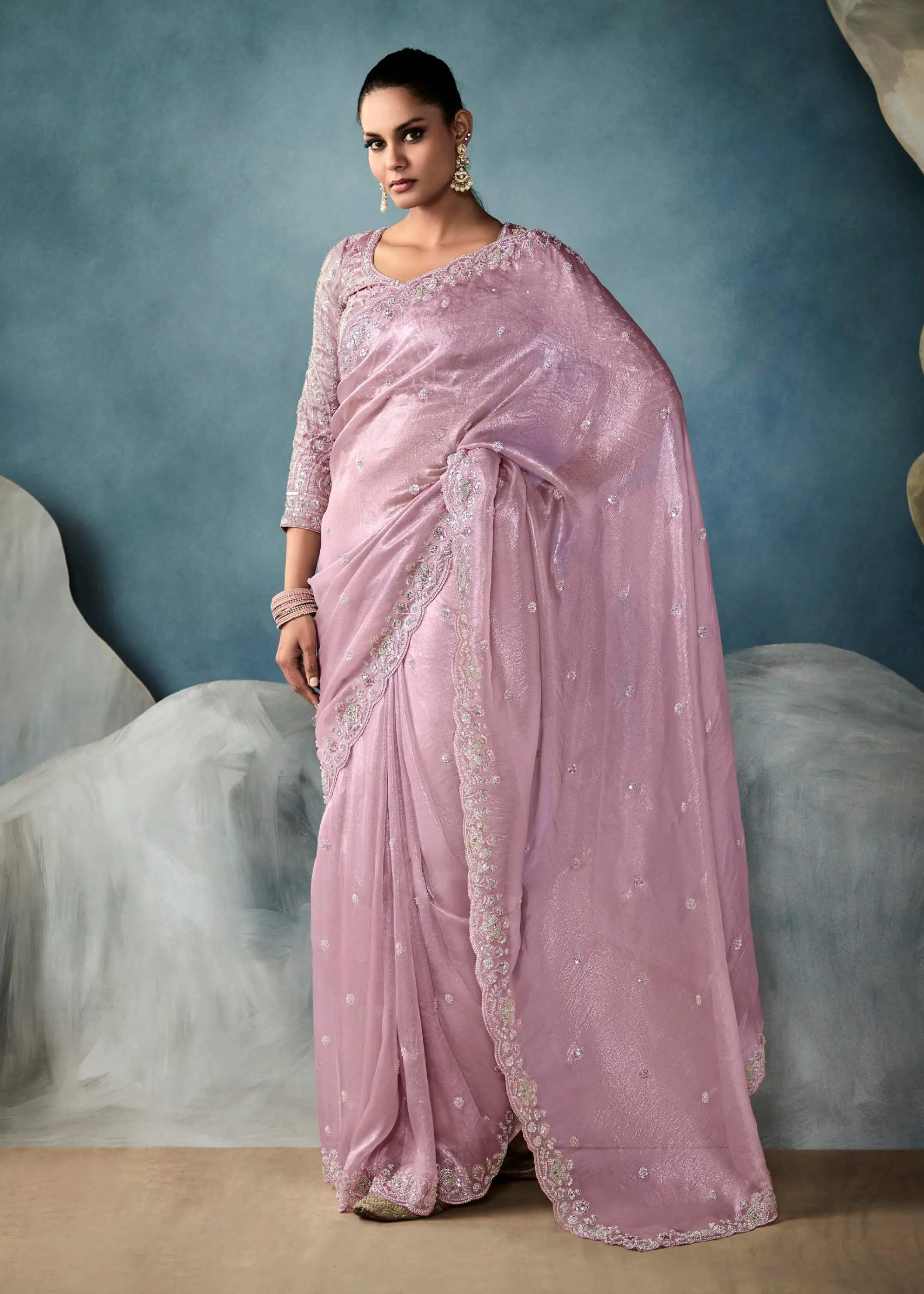 Blush Pink Embroidered Designer Tissue Silk Saree
