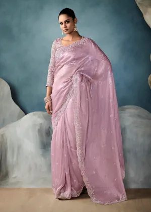 Blush Pink Embroidered Designer Tissue Silk Saree