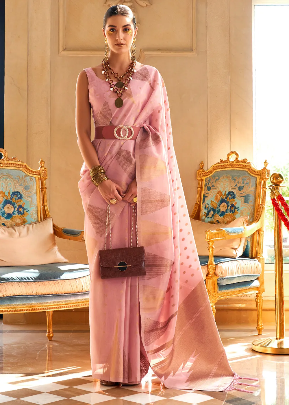 Blush Pink Woven Banarasi Tissue Silk Saree