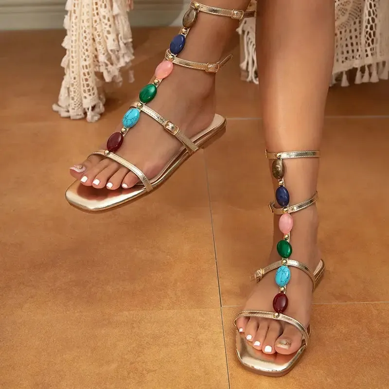 Bohemian Style Casual Gladiator Sandals Women Summer Fashion Color Gem Strap Open Toe Flat Shoes Roma Sandals