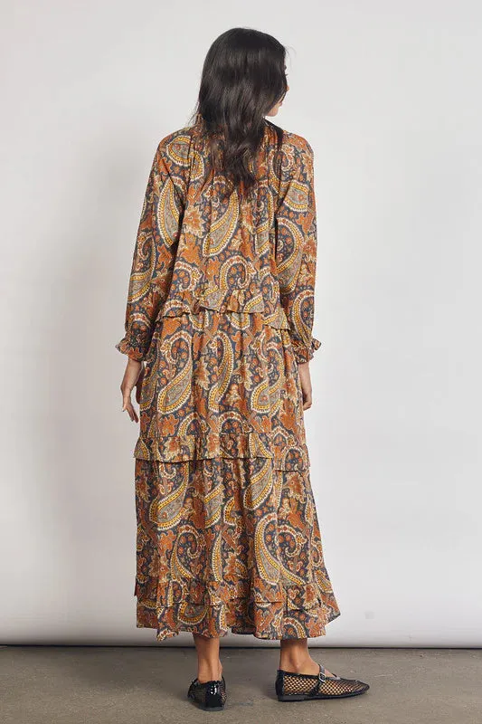 Bohemian Traders | Paisley Ruffle Maxi Dress- Navy