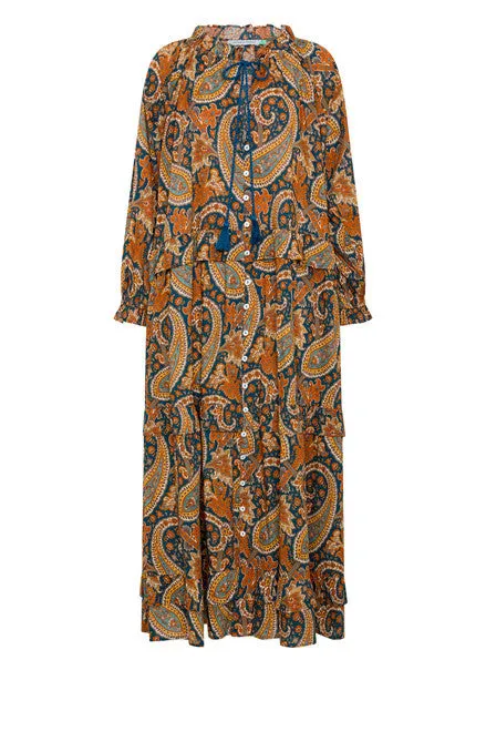 Bohemian Traders | Paisley Ruffle Maxi Dress- Navy
