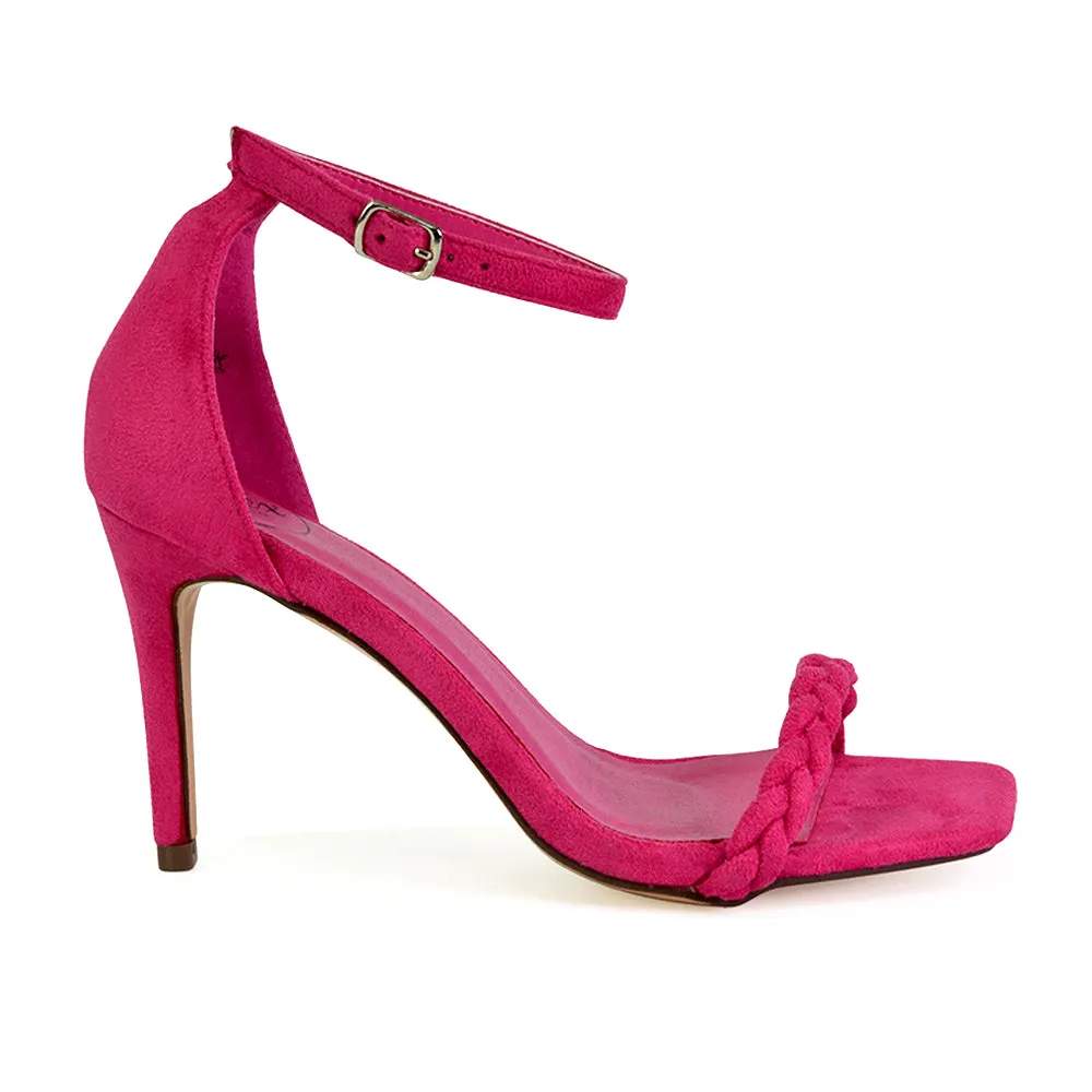 Brookes Woven Strappy Square Toe Stiletto High Heel Sandals in Green