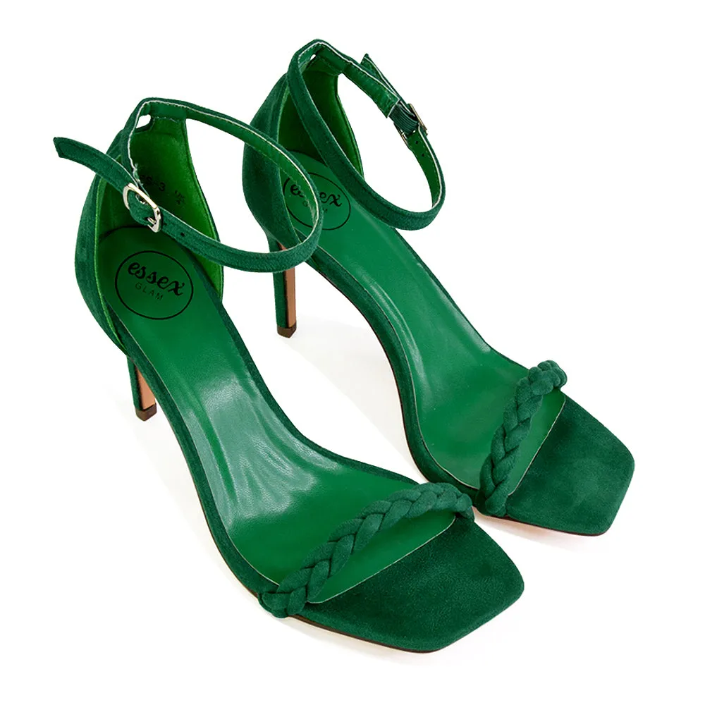Brookes Woven Strappy Square Toe Stiletto High Heel Sandals in Green