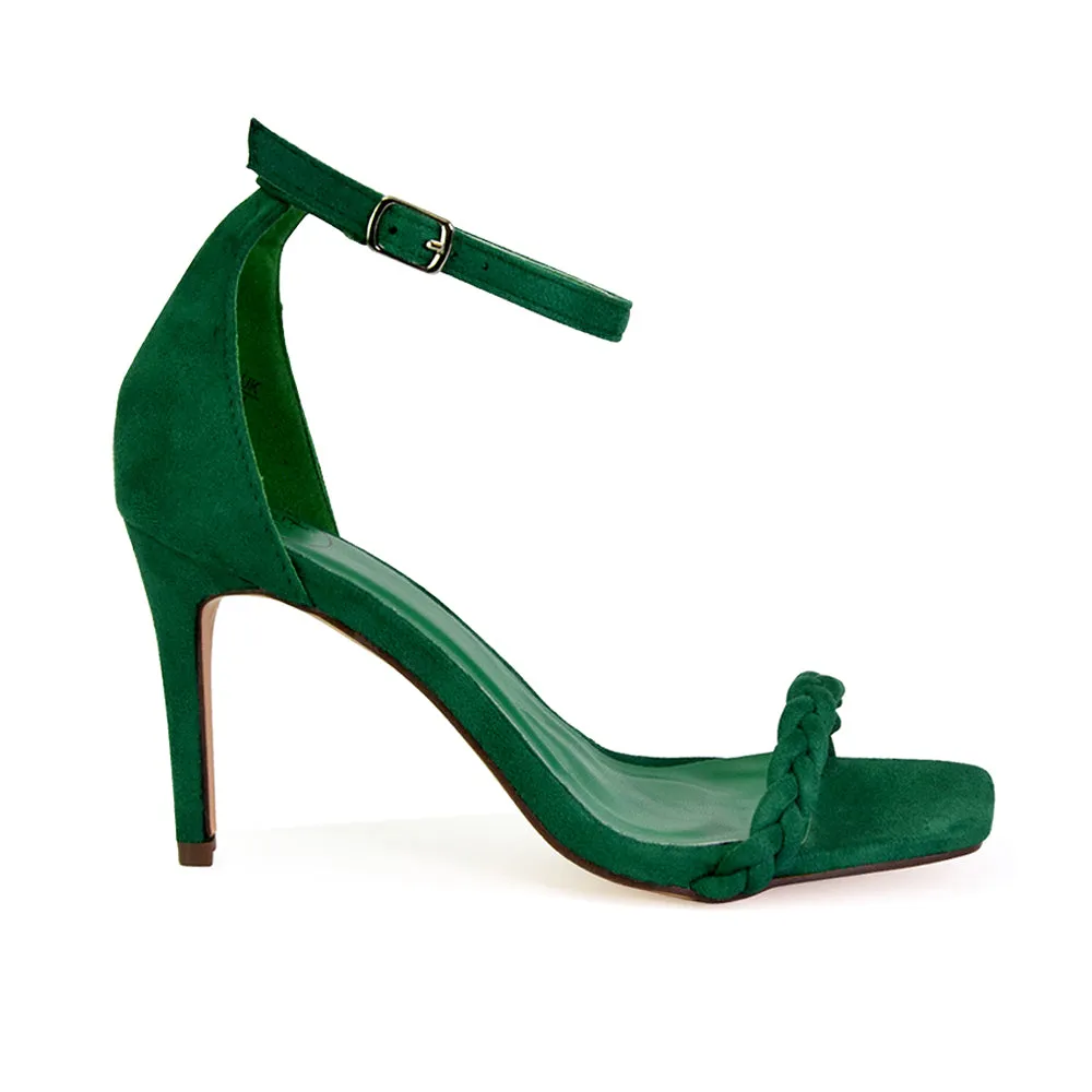 Brookes Woven Strappy Square Toe Stiletto High Heel Sandals in Green