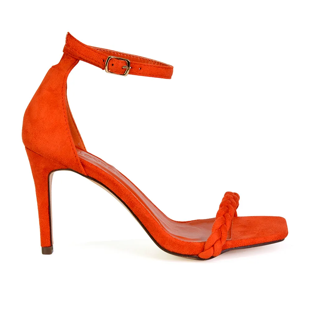 Brookes Woven Strappy Square Toe Stiletto High Heel Sandals in Green