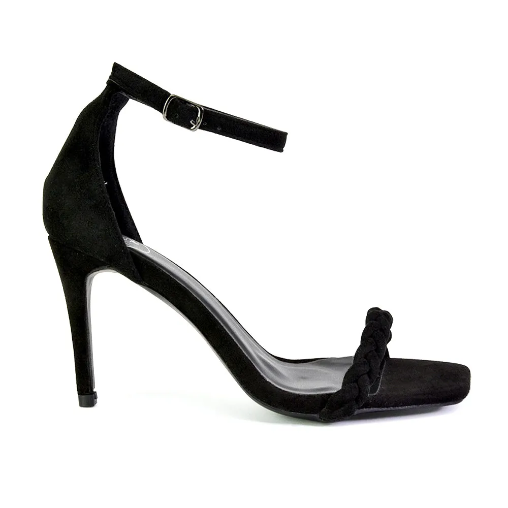 Brookes Woven Strappy Square Toe Stiletto High Heel Sandals in Green
