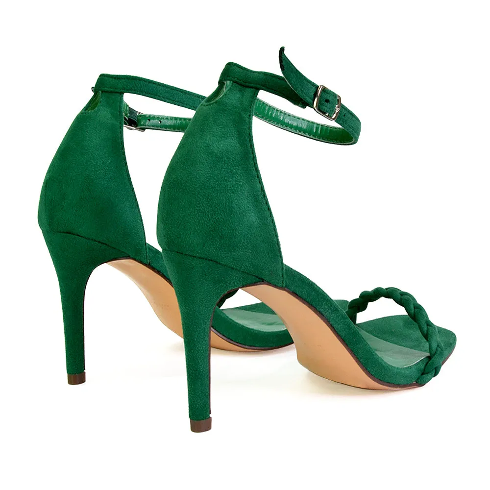 Brookes Woven Strappy Square Toe Stiletto High Heel Sandals in Green