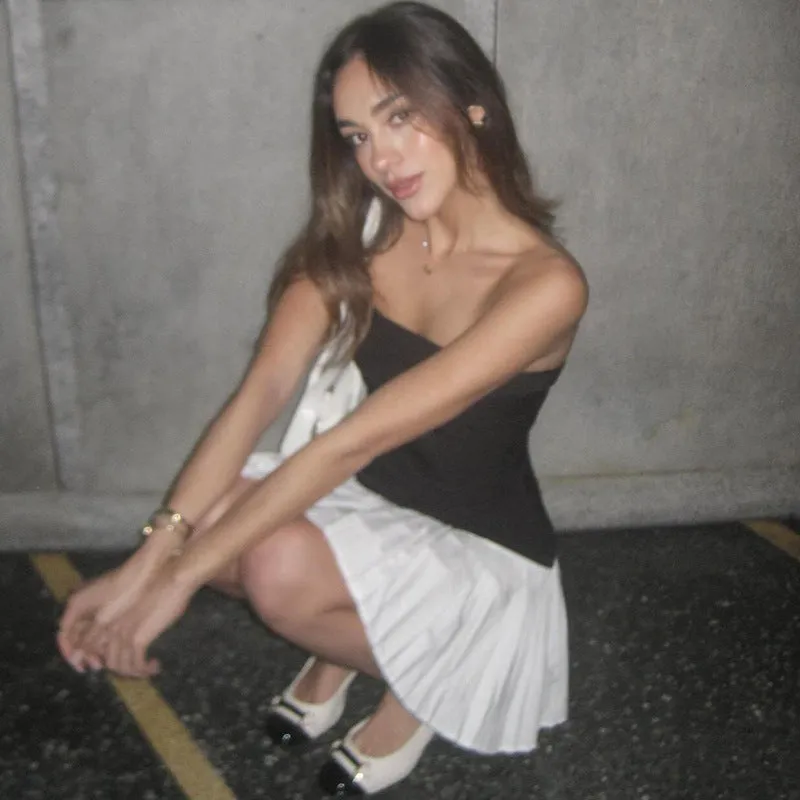 Chic Black and White Strapless Pleated Mini Dress for Effortless Elegance