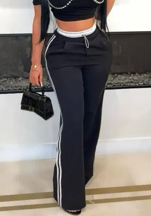 Chic High-Waisted Drawstring Straight-Leg Track Pants with Contrast Stripes