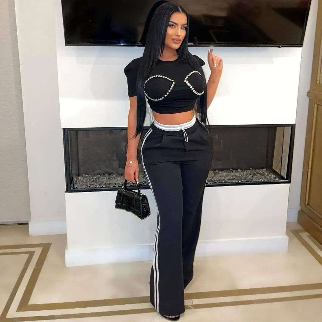 Chic High-Waisted Drawstring Straight-Leg Track Pants with Contrast Stripes