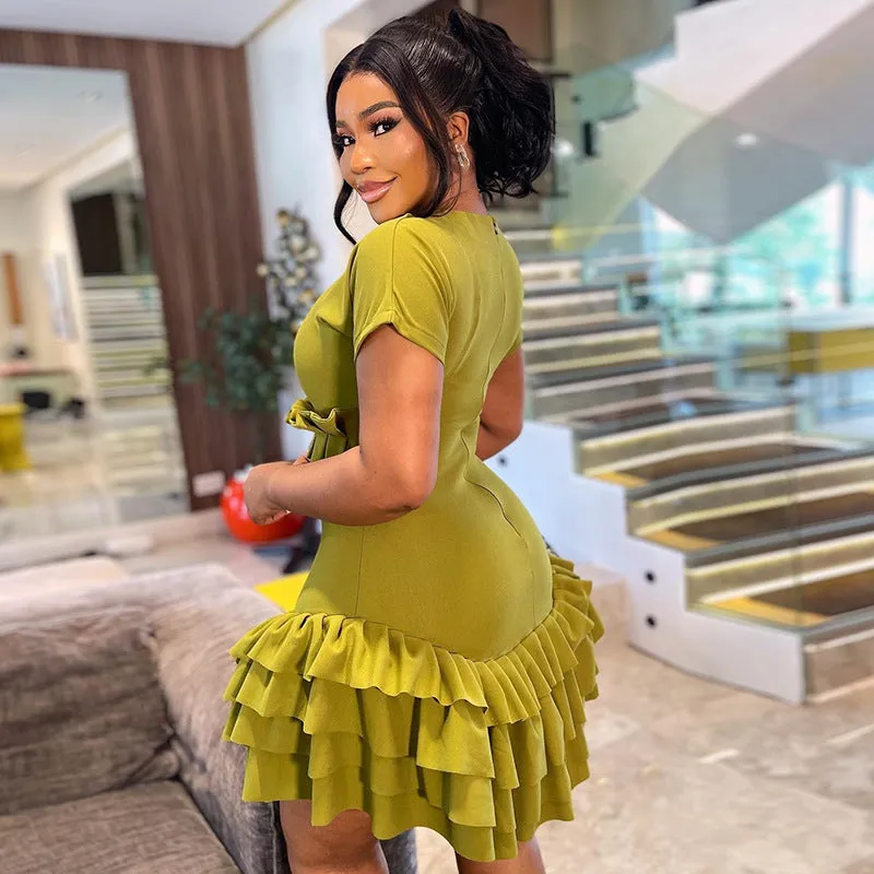 Chic Tiered Pleated Short Dress with Playful Ruffle Details