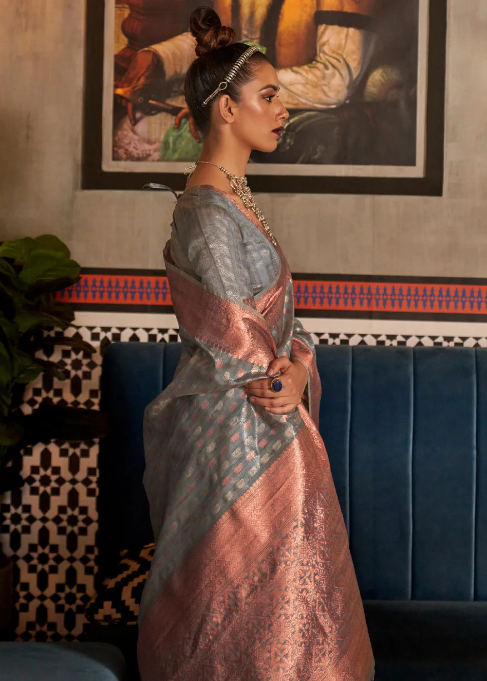 Cloud Blue Banarasi Tissue Woven Silk Saree
