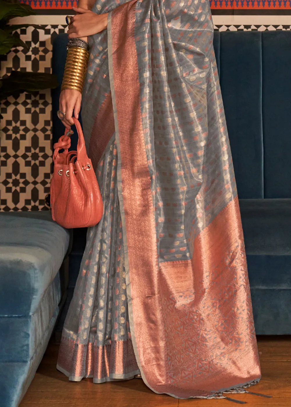 Cloud Blue Banarasi Tissue Woven Silk Saree