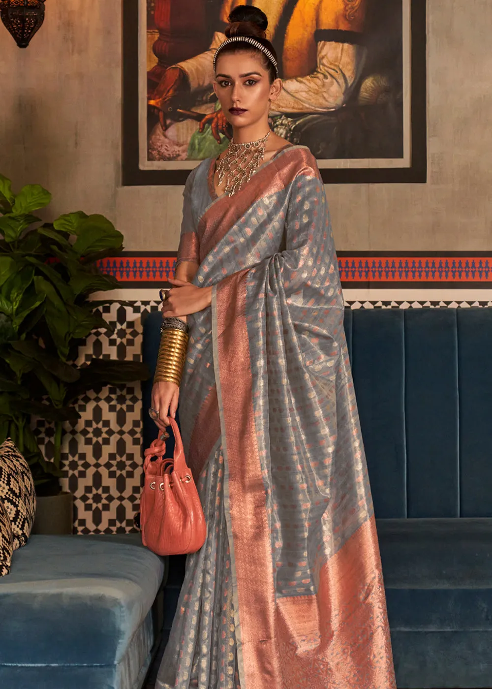 Cloud Blue Banarasi Tissue Woven Silk Saree