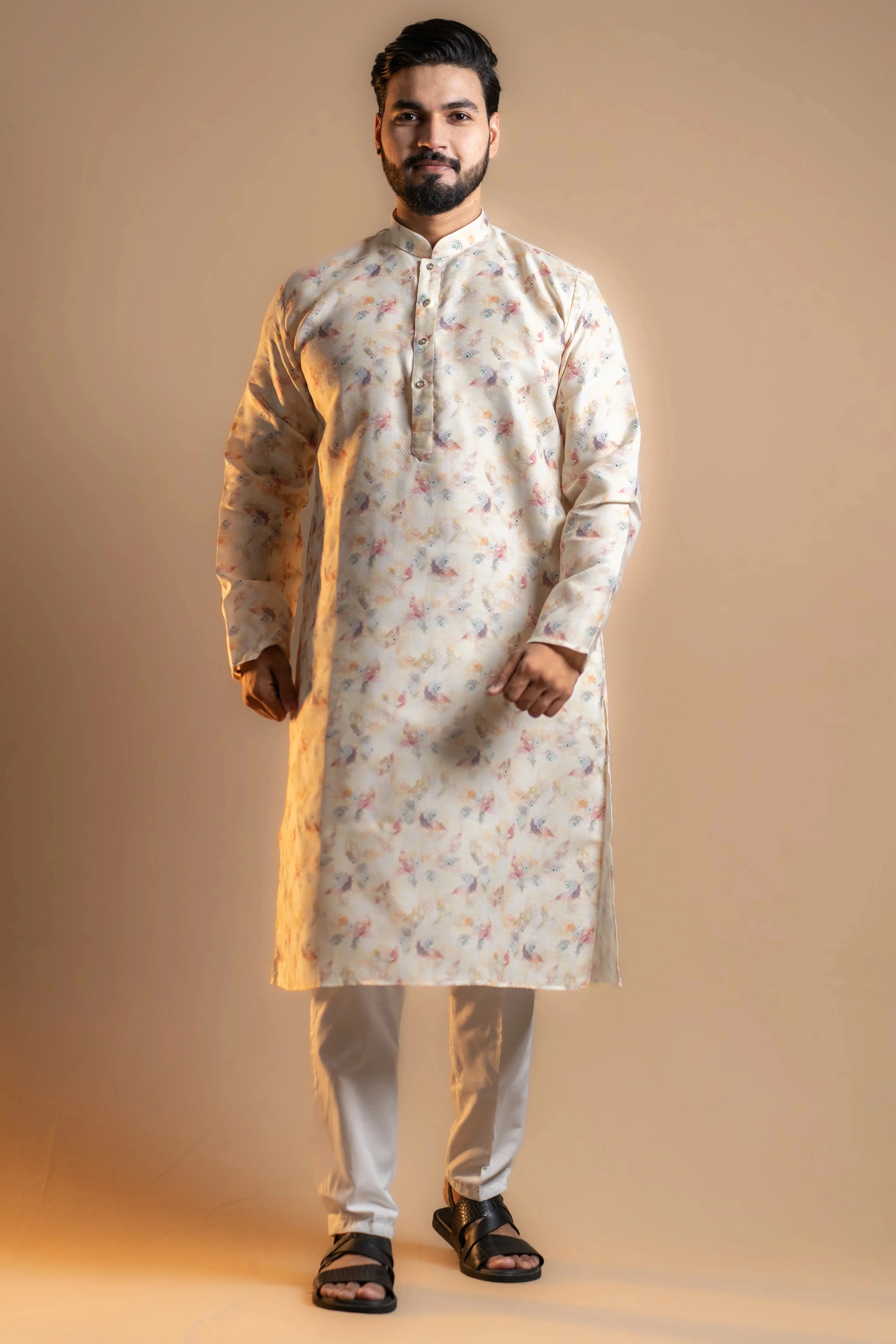 Cream Printed Kurta Set for Men