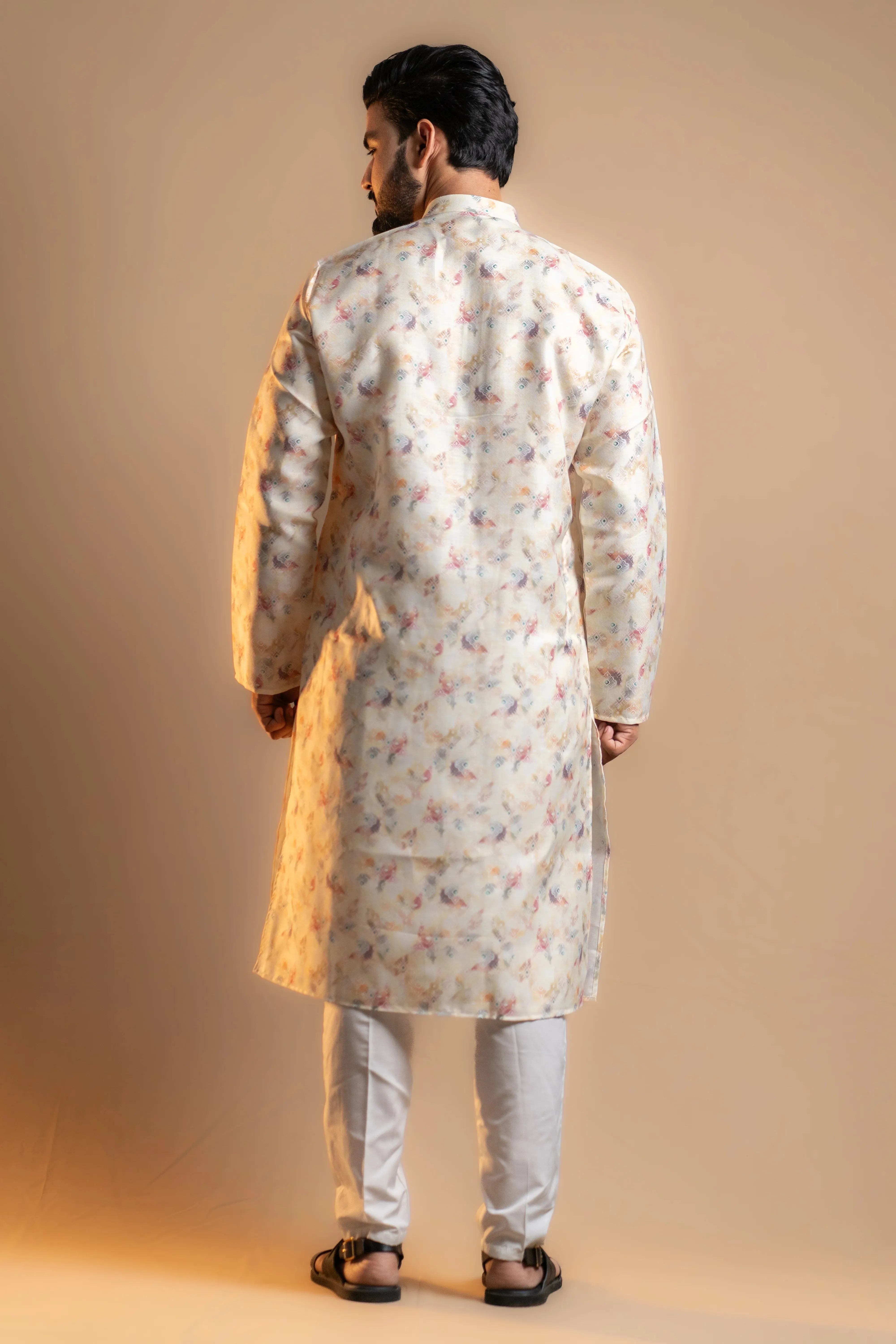 Cream Printed Kurta Set for Men
