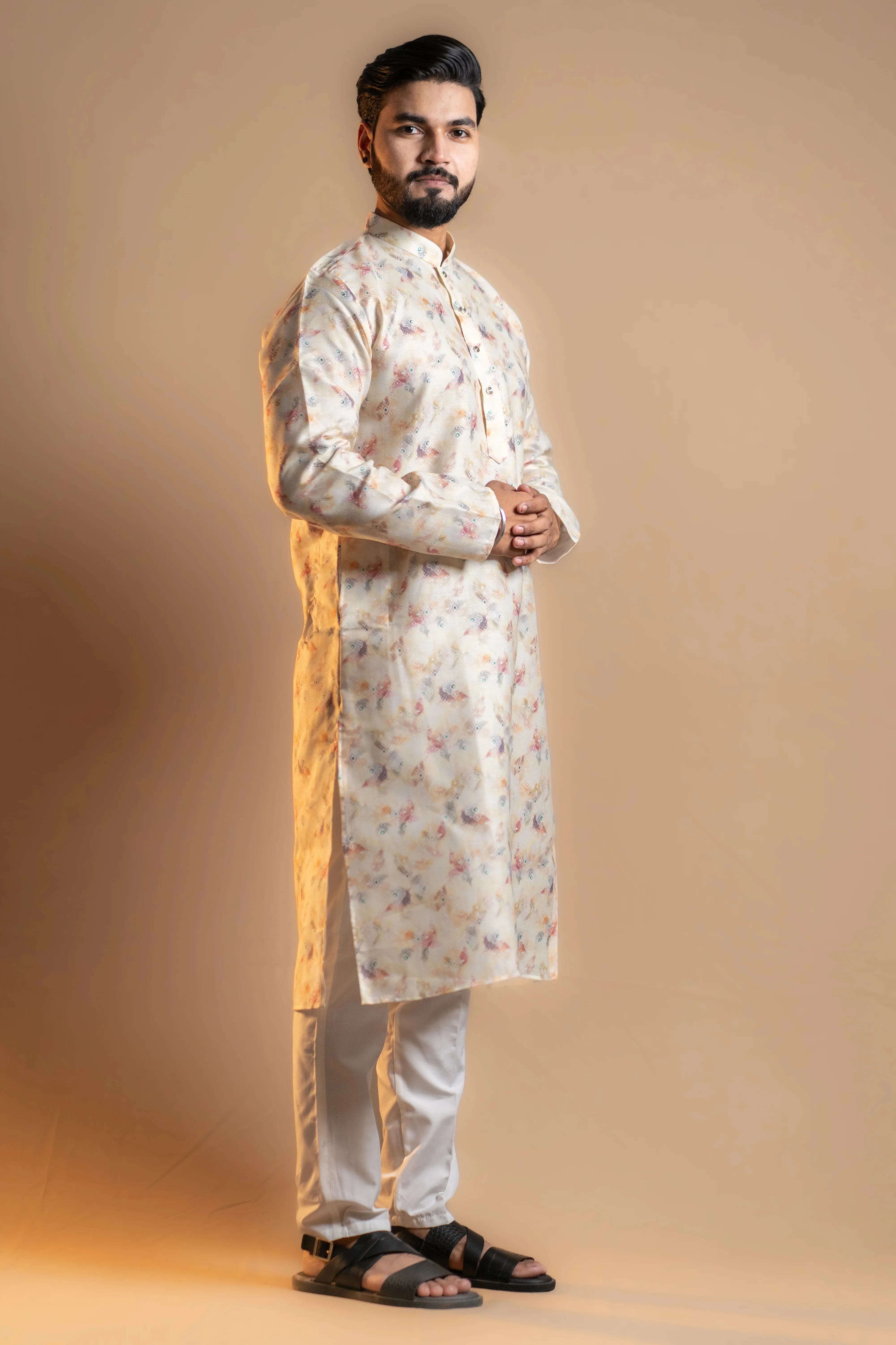 Cream Printed Kurta Set for Men