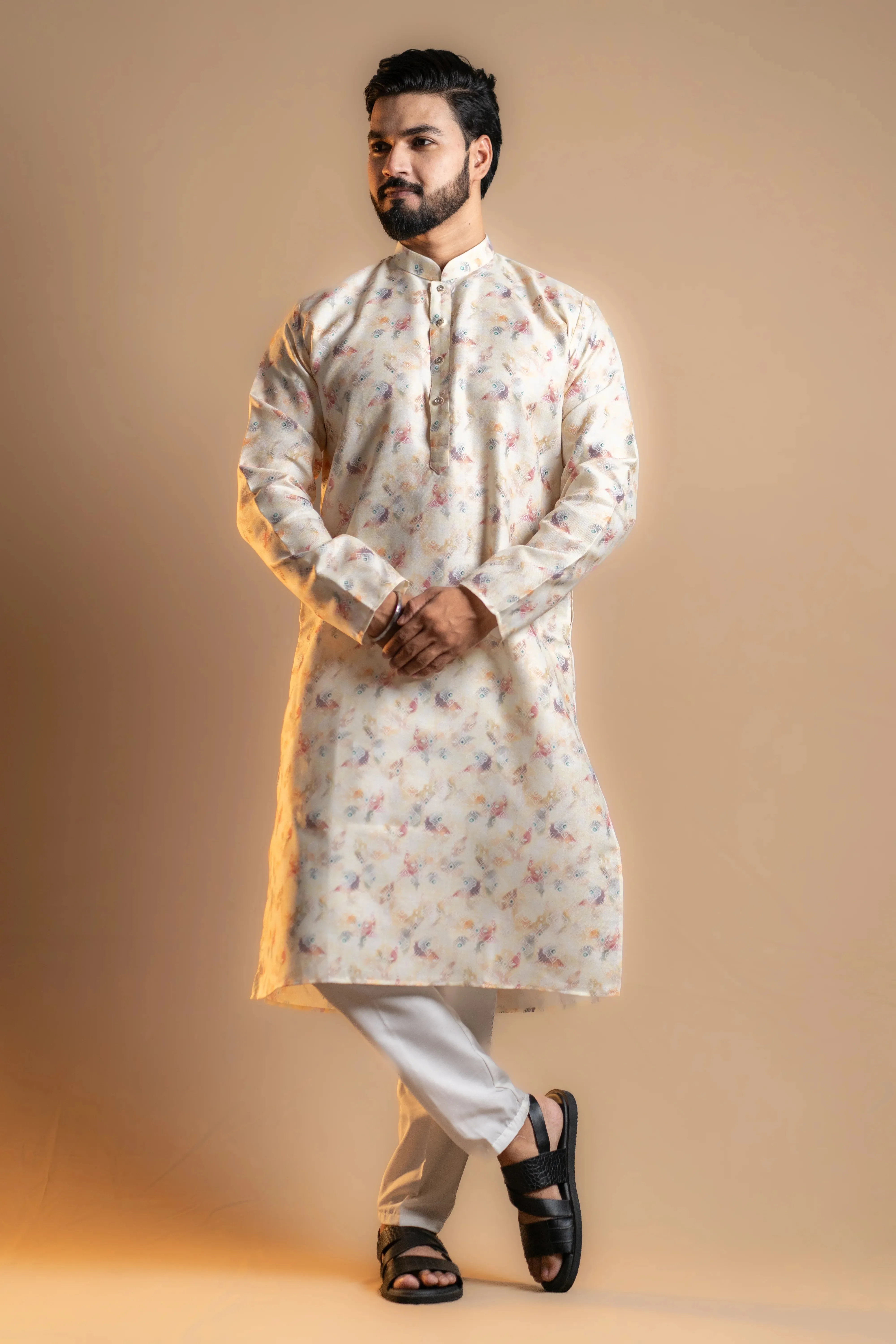 Cream Printed Kurta Set for Men