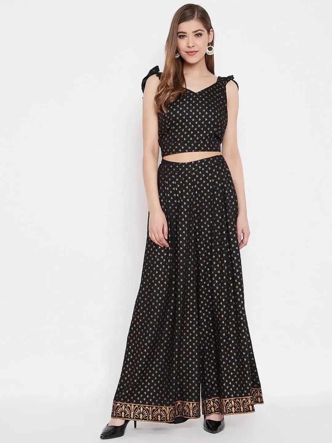 Crop top with back tie and palazzo pants in Black