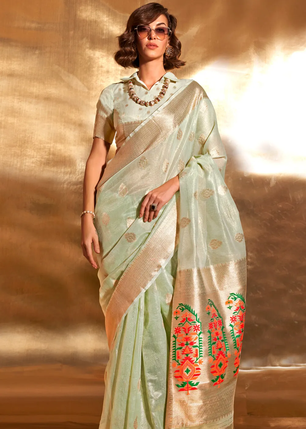 Delight Green Woven Banarasi Tissue Silk Saree