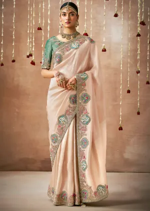Delight Pink Woven Embroidered Designer Tissue Silk Saree