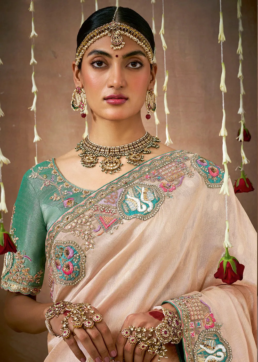 Delight Pink Woven Embroidered Designer Tissue Silk Saree